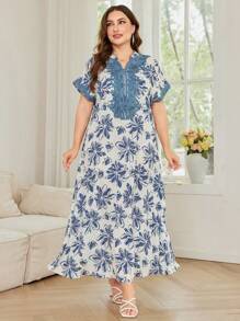 Al Najma 女式宽松休闲刺绣装饰纯色纹理印花短袖土耳其/阿拉伯风格连衣裙 - 彩色 - 查看 4