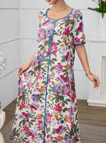 Al Najma Soft Printed Contrast Trim Hem Long Dress - Multicolor - View 7