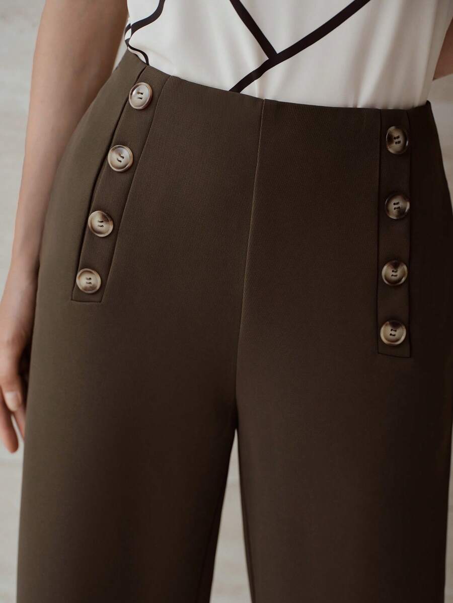 MOTF PREMIUM PANTALONES CON BOLSILLOS EN ÁNGULO Y DETALLES DE BOTÓN - Marrón Mocha - Ver 2