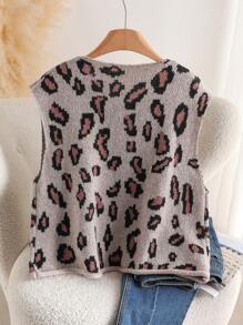 CosyJoli Chaleco de punto con bolsillo, cuello redondo y abotonadura sencilla con estampado de leopardo para mujer de talla grande en otoño/invierno - Camel - Ver 2