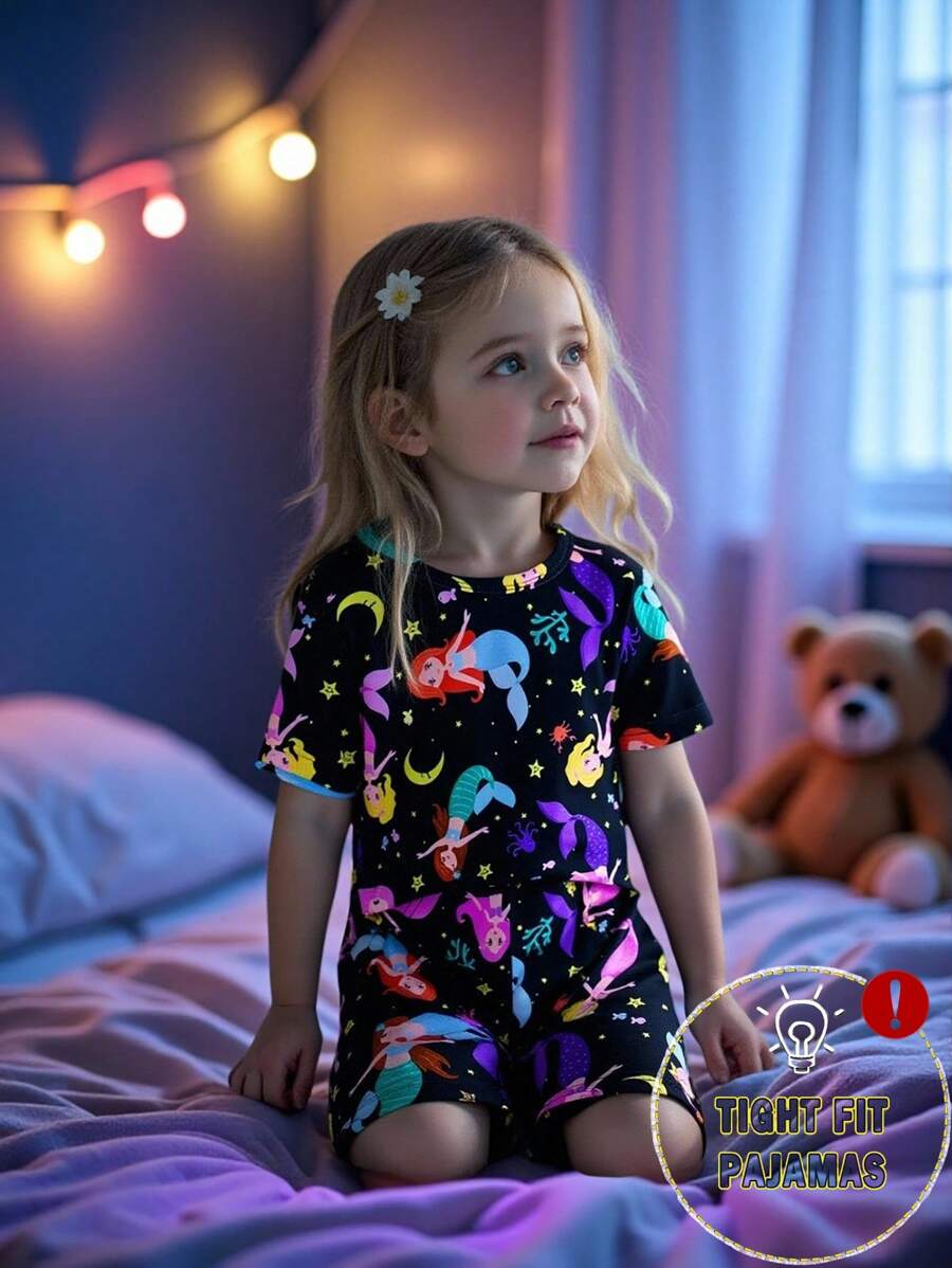 少女舒适夜光独角兽印花短袖上衣和短裤两件套睡衣套装 - 彩色 - 查看 1