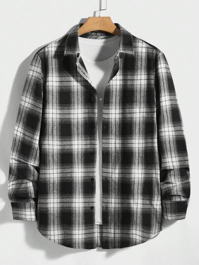 Manfinity NXTstreet Men Cotton Plaid Print Shirt Without Tee, Flannel Shirt, Fall, Long Sleeve Top