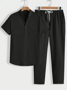 Manfinity BRENVOR Loose-Fit Men's Solid Color T-Shirt And Pants Set, Cozy Outfits - Black - View 1