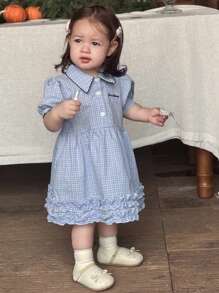 Hapijoa 女童韩版清新领口格子荷叶边下摆中长连衣裙 - 藍色 - 查看 4