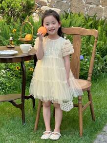 Dazy Kids Young Girls Round Neck Sequin & Lace Patchwork Midi Party Dress - Apricot - View 5