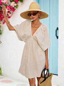 Vivid Eden 女士纯色蝙蝠袖短款休闲度假连衣裙，女士夏季服装，女士度假服装，女士夏季连衣裙，波西米亚风，波西米亚风女装