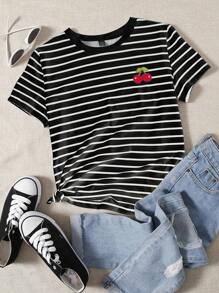 SHEIN EZwear Maglietta casual da donna a maniche corte, stile semplice, con stampa a righe e ciliegie, dalla vestibilità morbida, adatta per l'estate - Multicolore - Visualizzare 5