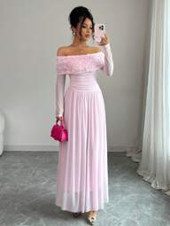 SHEIN PETITE Valentine's Day Off Shoulder Rose Decoration Ruffled Romantic Sweet Maxi Dress For Women