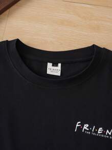 Heymoonly FRIENDS X SHEIN Men's Casual Key Print Loose Drop Shoulder Short Sleeve Black T-Shirt, Summer Friends Tv Show T-Shirt Friends Tshirt How You Doin T-Shirt Oversized Graphic Tee Graphic Tees Men - Black - View 3
