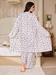 CottageSlumber 大码印花吊带背心、长裤和睡袍套装，舒适优雅，秋冬服饰