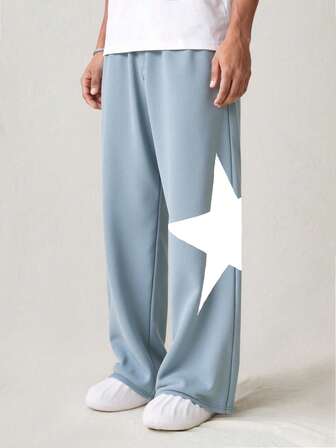 SHEIN PantsHub 青少年男孩 1 件休闲运动街头舒适百搭超划算宽松侧印花星星图案休闲直筒运动裤返校服，秋季秋冬