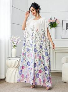 Yasmyna Elegant Pastel Floral Print Arabian Maxi Dress With Round Neckline And Half Sleeves Perfect For Modest Style, Spring/Summer Kaftan Jalabiya Dress - Multicolor - View 5