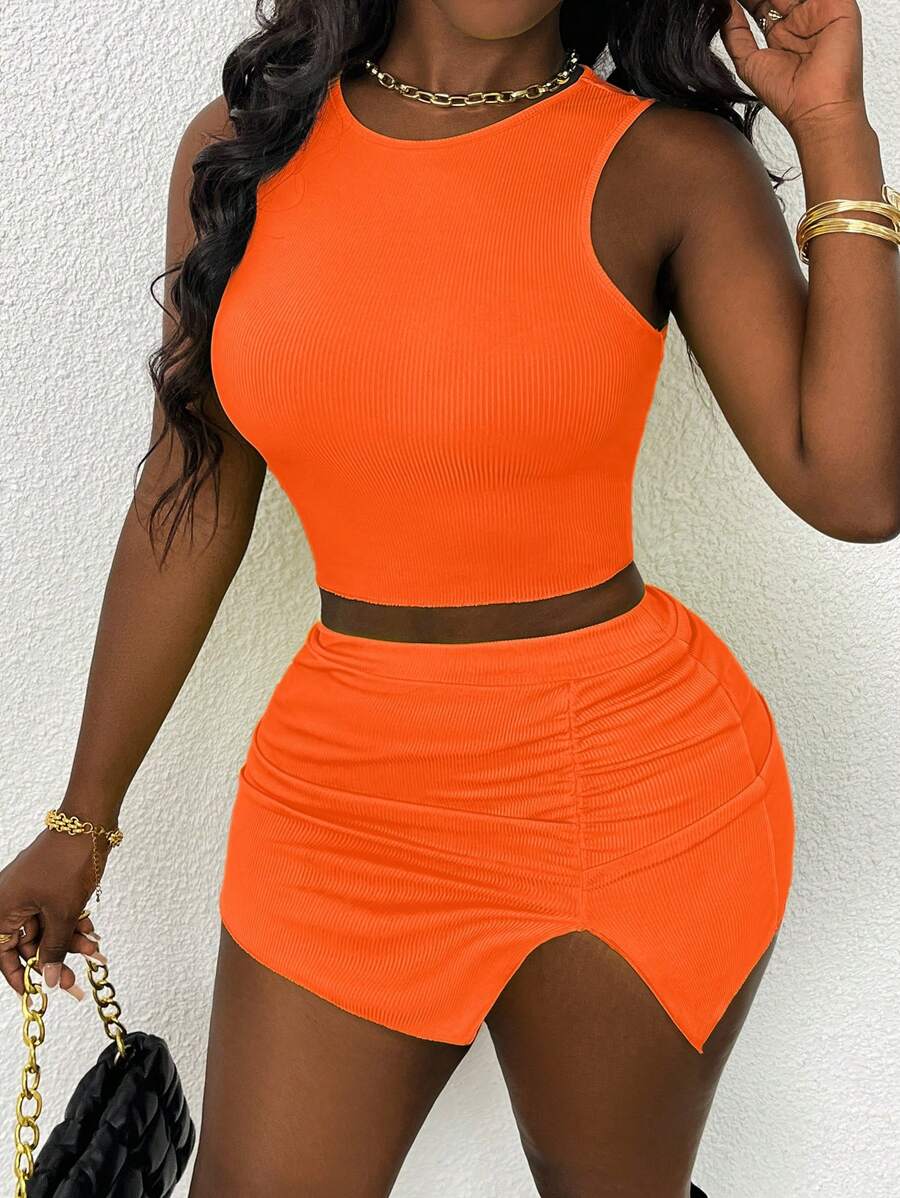 SHEIN Ladies' Ribbed Crop Top And Bodycon Skirt Set - Orange - View 1