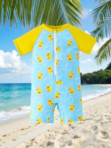 SHEIN Young Girls Tankini Swimsuit, Cute Yellow Duck Design, Blue & Yellow, Fun & Energetic, Perfect For Playtime At Beach - Multicolor - View 3