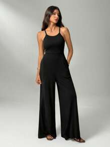 SHEIN Tall Black Jumpsuit With Pockets, Wide Leg, Casual And Comfortable Summer Outfit, Knit Fabric Business Casual Woman Overalls - Black - View 3