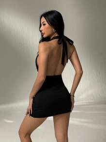 SHEIN PETITE Đầm mini hở lưng cổ chữ V sâu gợi cảm cho nữ, mùa hè, váy mùa hè cho nữ - màu đen - Xem 2