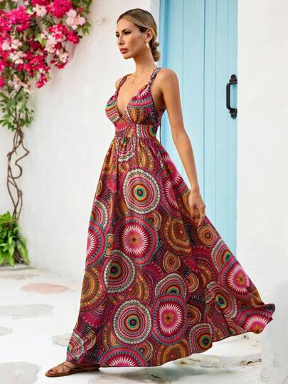 Vivid Eden Women's Casual Sleeveless All-Over Print Dress, Suitable For Vacation,Vacation Outfits Women,Summer Clothing,Vacation Style,For Beach Vacation,Boho Chic