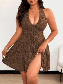 SHEIN Clasi Plus Size Solid Color Jacquard Plunging Backless Halter Dress - Brown - View 2