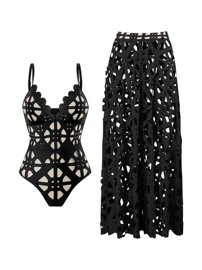 Swim Oasis New Summer Women's Black Laser Cut Out Halter Sexy Hollow Out One Piece Swimsuit Dress Set, Fashionable Pool Outfit
