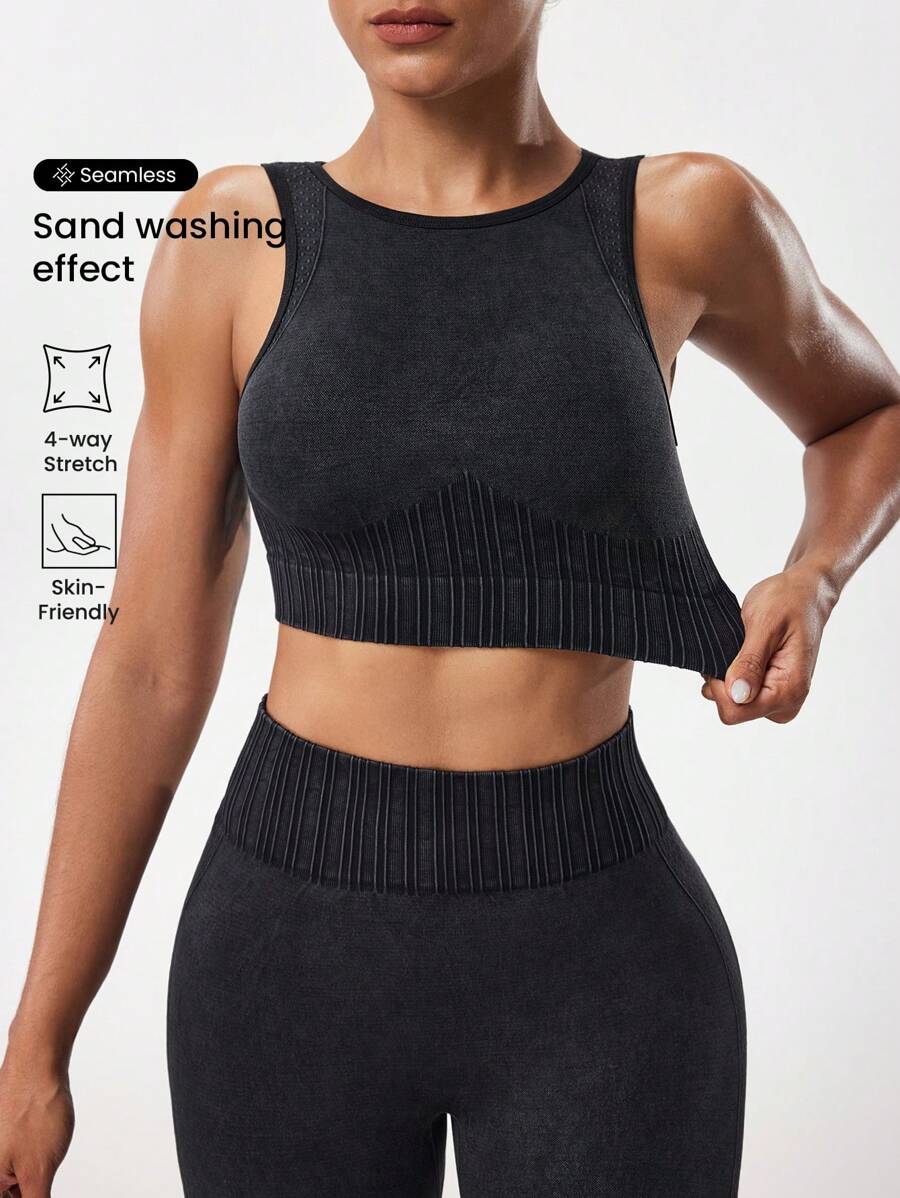Seamluxe SHEIN Sport Bộ 2 món/Bộ đồ thể thao nữ cổ tròn co giãn liền mạch không tay áo crop top và quần - màu đen - Xem 1