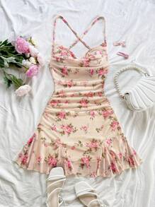 Soleia Women's Beige Summer Cottage Core Vacation Holiday Mini Dress,Swing Neck Backless Tie Bow Fishtail Mesh Fabric Boho Clothes For Date - Multicolor - View 3