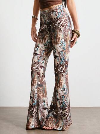 Hippie Women's Retro Print Flared Leg Casual Pants, Suitable For Holiday