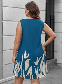 SHEIN LUNE Robe fleurie imprimée sans manches casual grande taille, été - Bleu canard - Voir 2