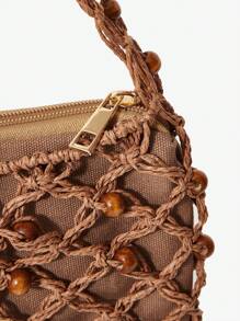 MUSERA Crochet Beaded Woven Caged Shoulder Bag Beach Bag - Brown - View 7