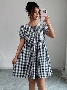 Elenzga Women's Casual Plaid Lace-Up Short Dress, Summer