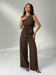 SHEIN PETITE 女装夏季休闲纯色不对称下摆马甲西装裤套装商务女装性感办公室女士两件套老花教师装秋季女装老花风格办公室仙女风 - 咖啡棕 - 查看 4