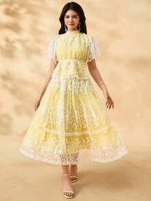 2pcs/Set Teenager Girls Elegant Floral Printed Stand Collar Ruffle Sleeve Blouse + Mid-Length Skirt Set - Yellow - View 3
