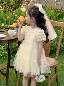 Dazy Kids Young Girls Round Neck Sequin & Lace Patchwork Midi Party Dress - Apricot - View 6