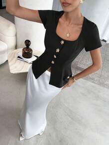 Lavishia 女式方领金属花朵纽扣衬衫，时尚衬衫优雅夏季度假商务休闲可爱 - 彩色 - 查看 5