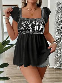 SHEIN Holidaya 大码女式方领无袖荷叶袖刺绣收腰度假风白色衬衫 - 黑色 - 查看 3