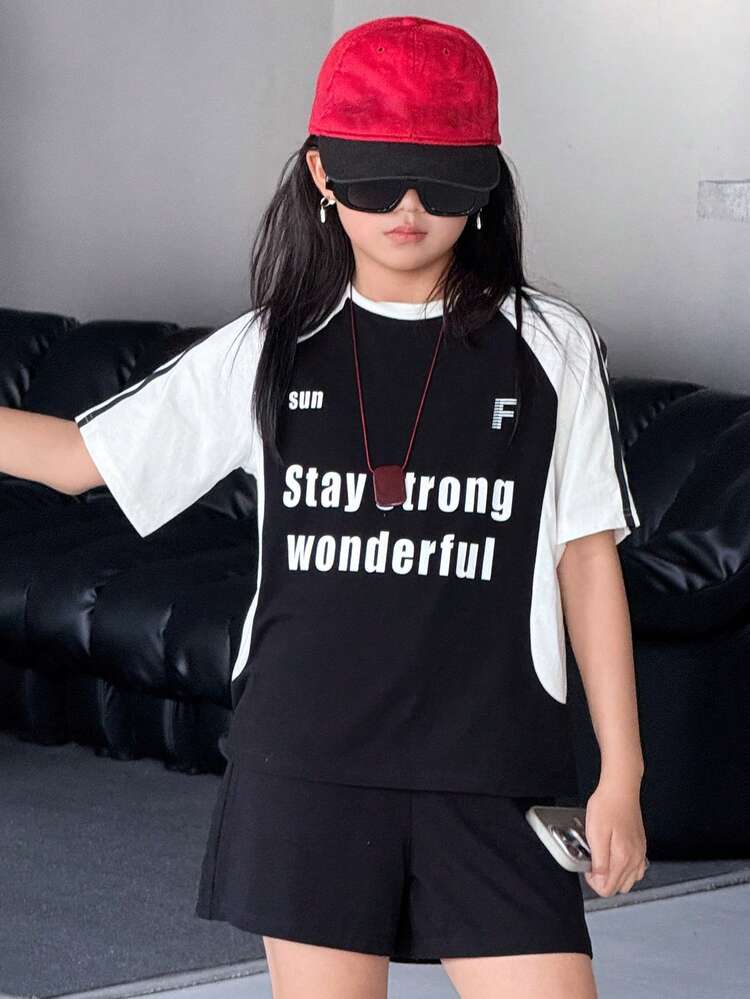 2pcs Tween Girls Crew Neck Print & Color Block Short Sleeve T-Shirt + Shorts Set, Fall Outfit