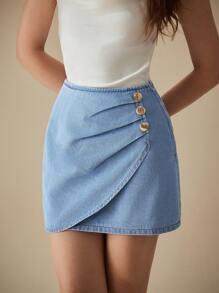 SHEIN Frenchy Damen einfacher lässiger einfarbiger Knopf Denim Rock Mini - Blau - Übersicht 4