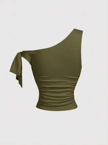 SHEIN MOD Women's Bow Decor Metal 3D Flower Khaki Green Oblique Shoulder Blouse - Army Green - View 2