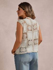 SHEIN VCAY Áo len dệt kim khoét lỗ màu trơn cỡ lớn dành cho nữ, áo mùa hè, áo ren đi biển, áo len cardigan thường ngày cho nữ vào mùa thu/đông - Màu be - Xem 2