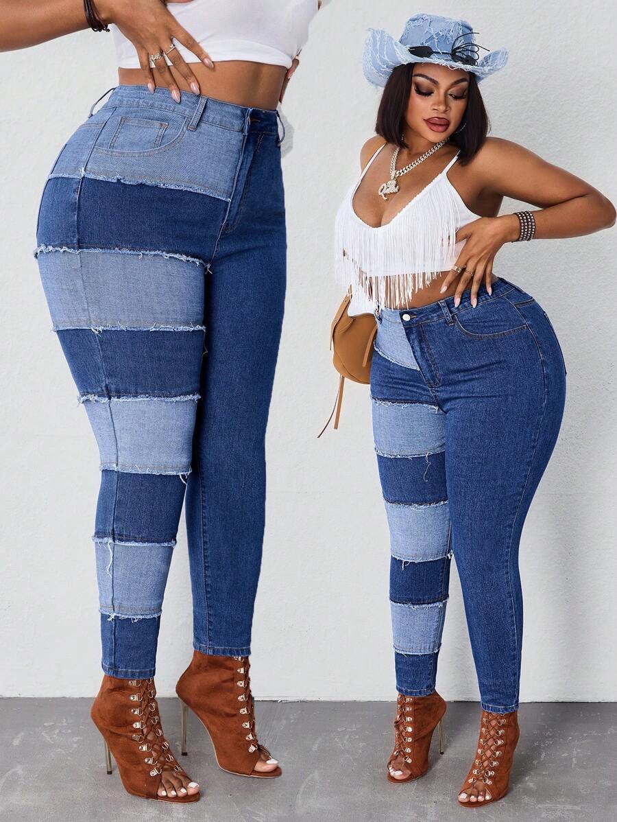 SHEIN SXY Plus Size Women Patchwork Denim Skinny Jeans Summers For Women Festivals Cowboy Jeans - Blue - View 1