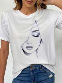 Calvaya Plus-Size Women's Casual Series Facial Printed Short-Sleeved Round-Neck T-Shirts, Spring And Summer