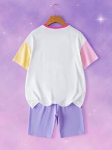 Pop Mart Azura X SHEIN Tween Girl Cartoon Pattern Contrast Color Dream Cute Casual Short Sleeve T-Shirt And Fitted Shorts Set
