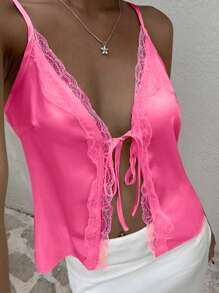 SHEIN Unity Top de tirantes informal de verano para mujer, de unicolor con contraste de encaje en la parte delantera - Rosa Fucsia - Ver 4