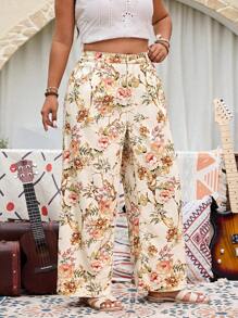 Pantalones vaqueros de pierna ancha con estampado floral digital para mujer de talla grande - Marrón - Ver 4
