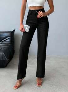 EURMUSE 100%Cotton High Waist Straight Leg Jeans - Black - View 3