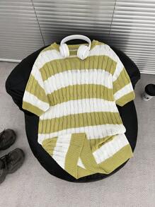 Claim Dot Men's Striped Round Neck Short Sleeve Casual Knit Sweater - Mustard Yellow - View 1