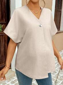 SHEIN 孕妇V领蝙蝠袖短袖休闲衬衫，夏季