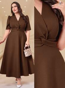 Modelyn Women Plus Size Casual Solid Color Waisted Short Sleeve Dress - Coffee Brown - View 1