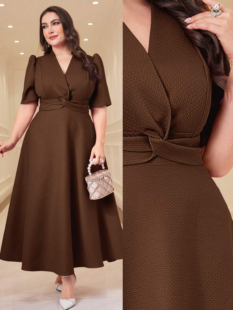 Modelyn Women Plus Size Casual Solid Color Waisted Short Sleeve Dress - Coffee Brown - View 1