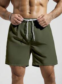Manfinity KASUA Men's Solid Color Pocket Drawstring Waist Beach Shorts - Army Green - View 4