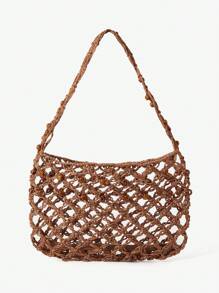 MUSERA Crochet Beaded Woven Caged Shoulder Bag Beach Bag - Brown - View 4